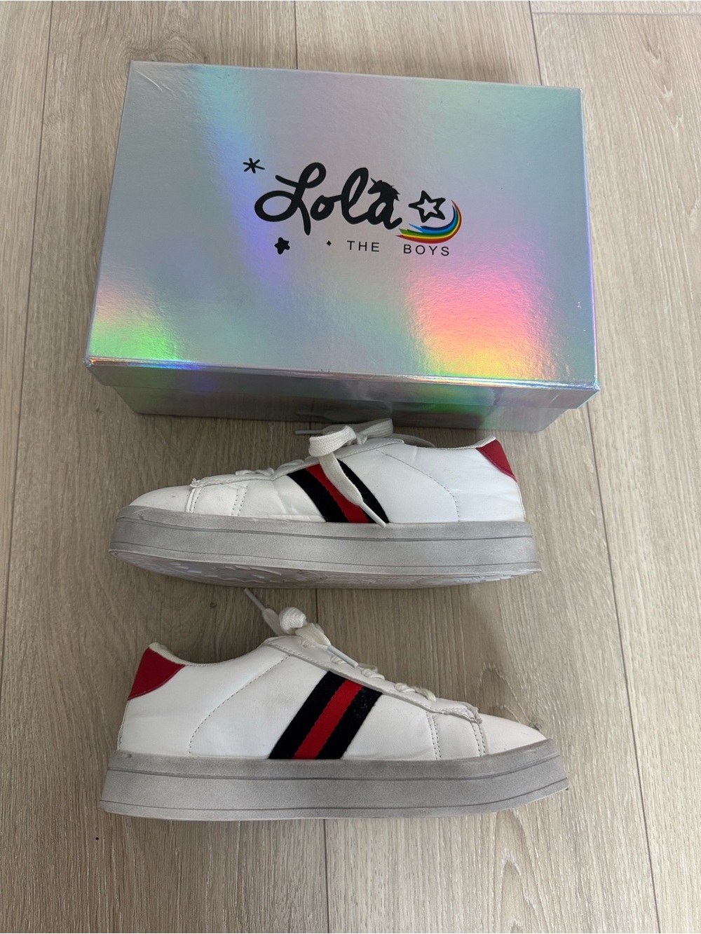 Lola + The Boys White Sneakers with Red & Black Stripe and Gold Bee - Picture 4 of 6